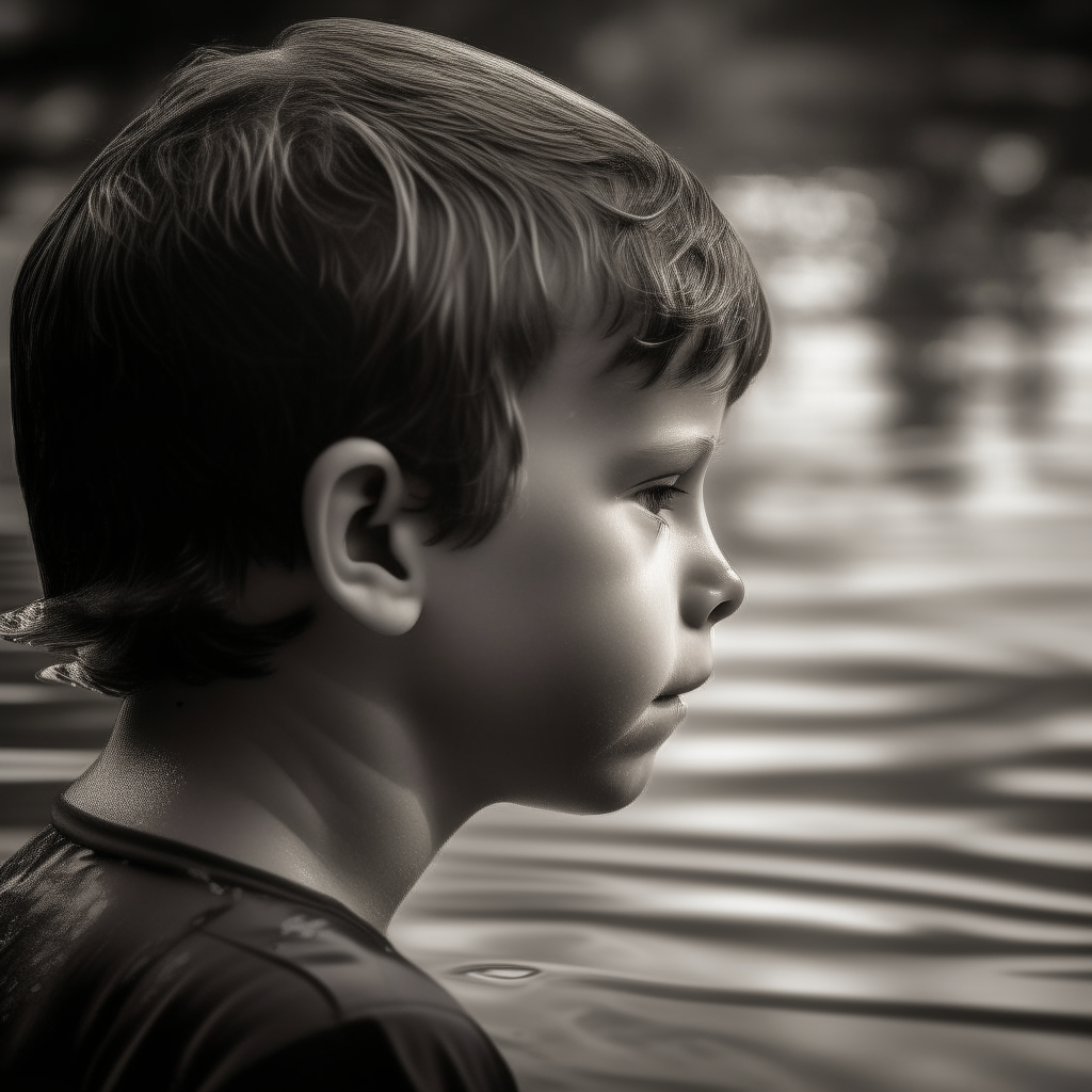 A young boy's face gazing down at the water. Within the ripples, his future self gazes back as a man.
