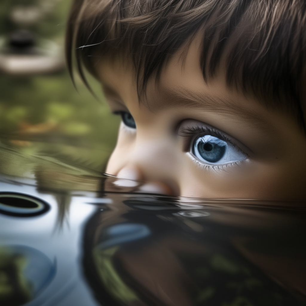 A child's eyes looking into a pond. Through the moving reflections, his adult eyes look back at the past.