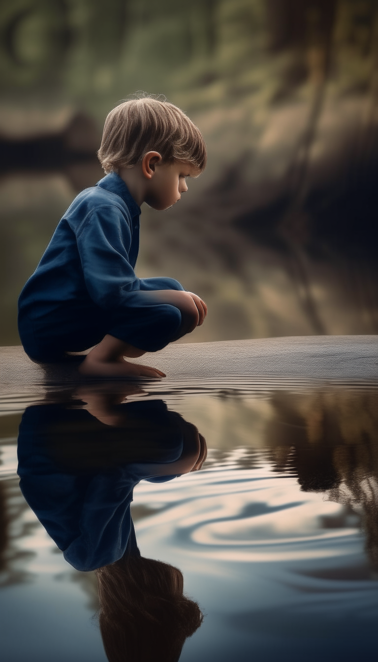 A young boy kneeling by the water's edge, gazing at his reflection. Within the rippling surface, a man stares back from the past.