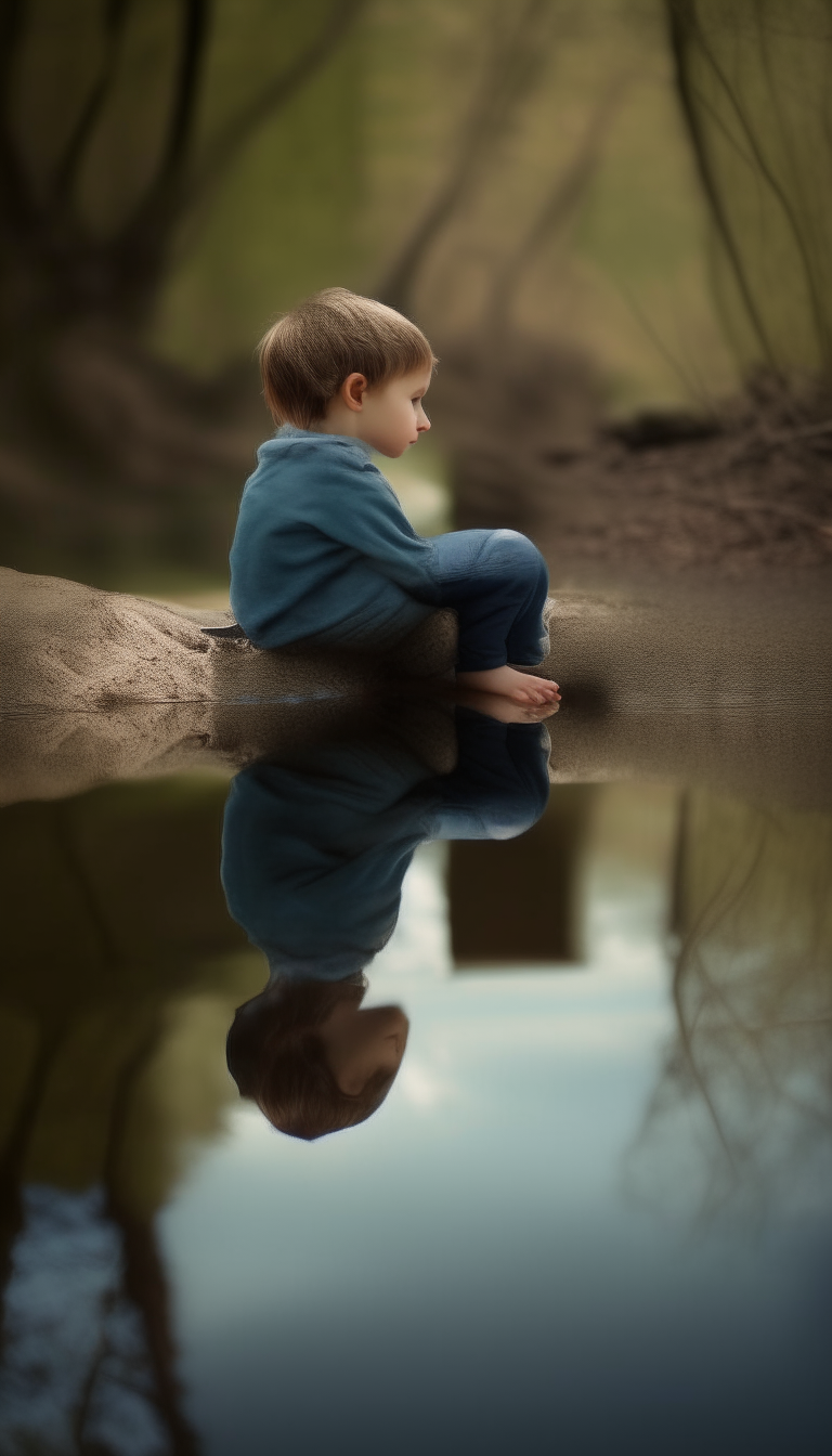 A child sits peering into a still pond. Their reflection is not as it seems - a grown version of themselves looks up from the depths.