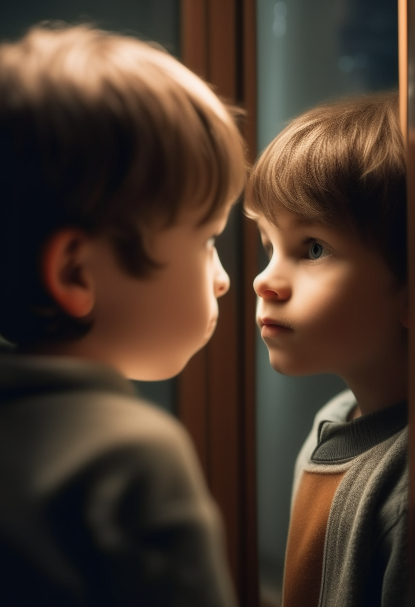 child looking at his reflection and seeing the adult version of his self 