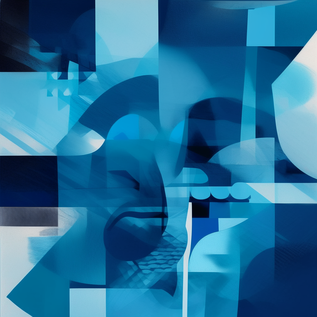 Abstract shapes and patterns in shades of blue with a gritty film grain texture, experimental rap album cover