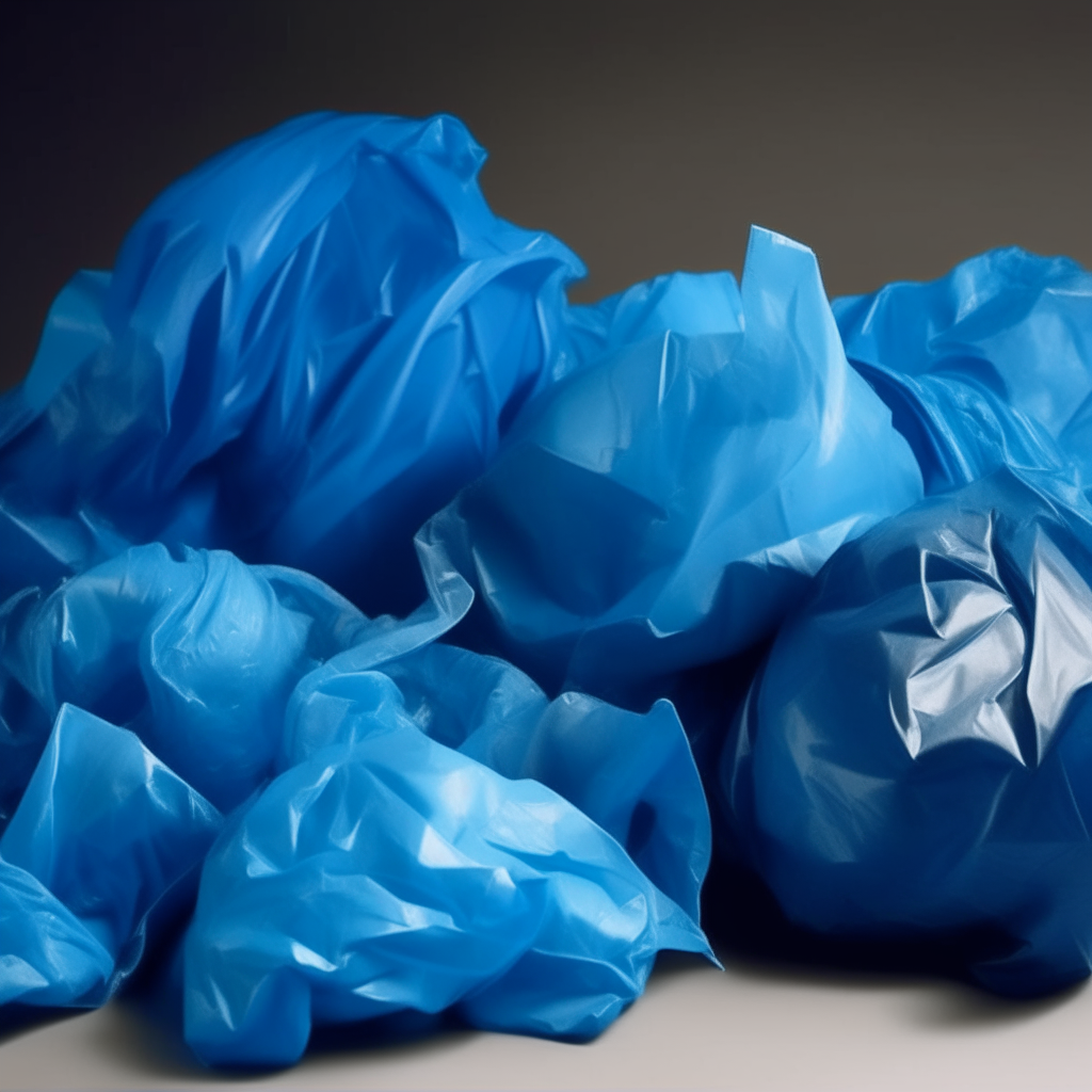 Crumpled blue plastic forms suggest the human condition