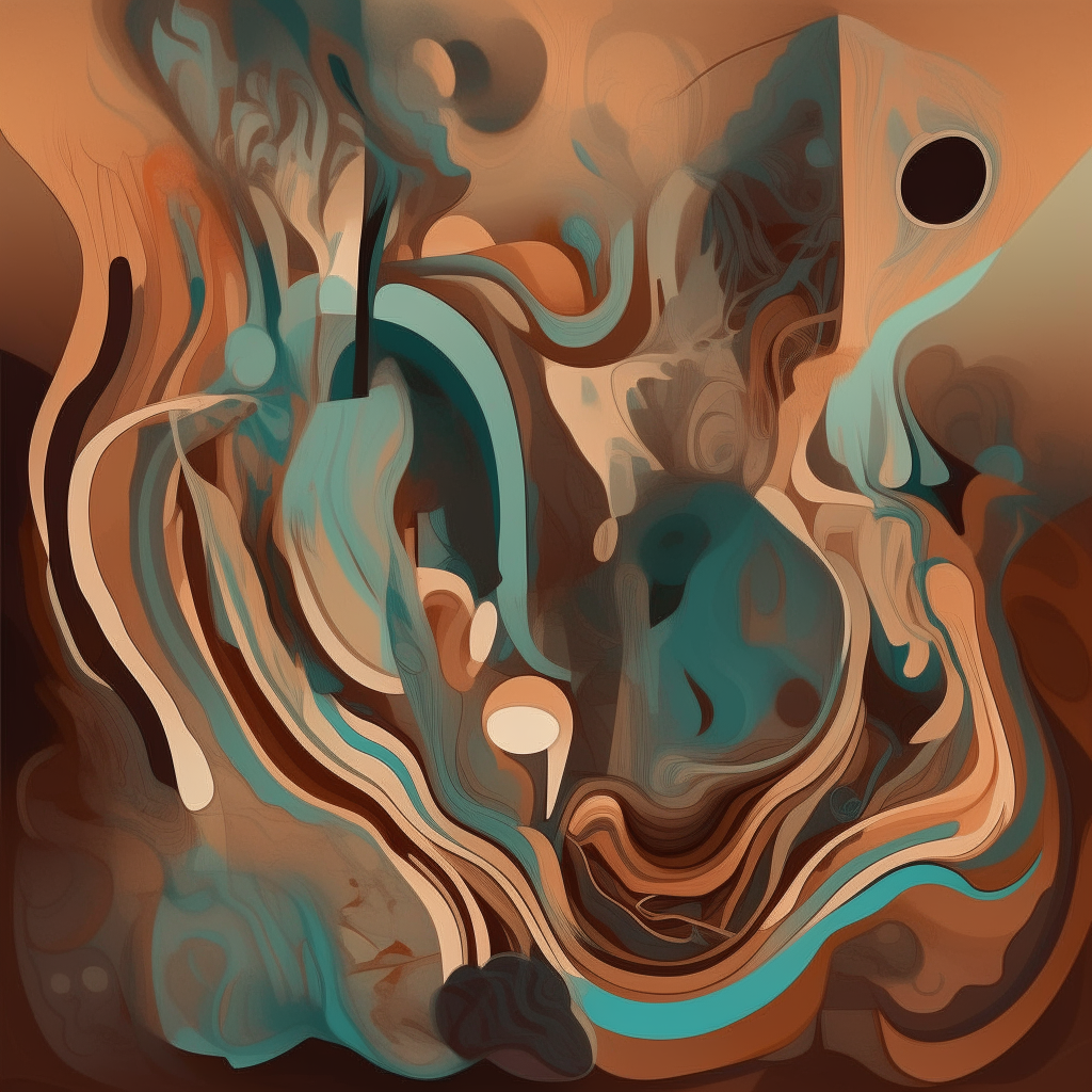 Abstract shapes and textures in earth tones blend and swirl like a dreamscape, psychedelic folk album cover