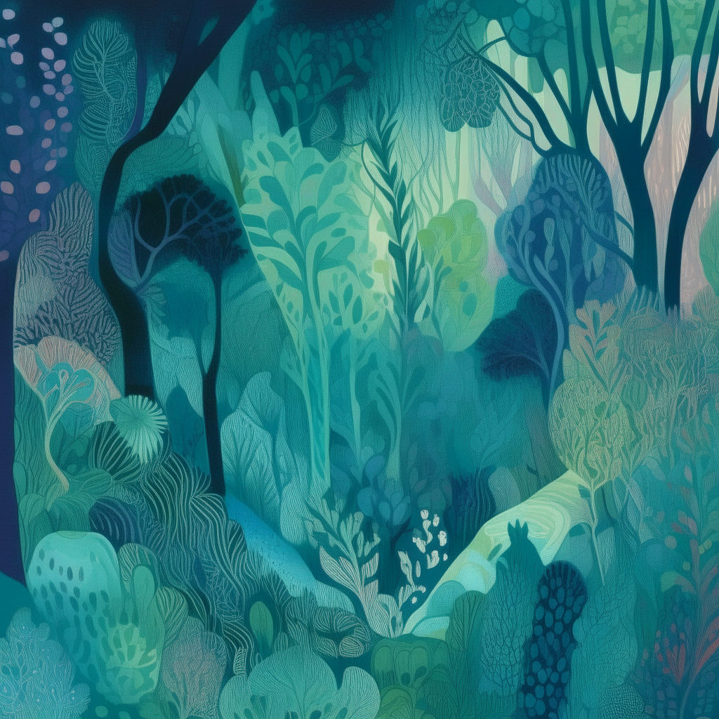 Organic patterns in shades of blue and green evoke a mystical forest, psychedelic folk album cover