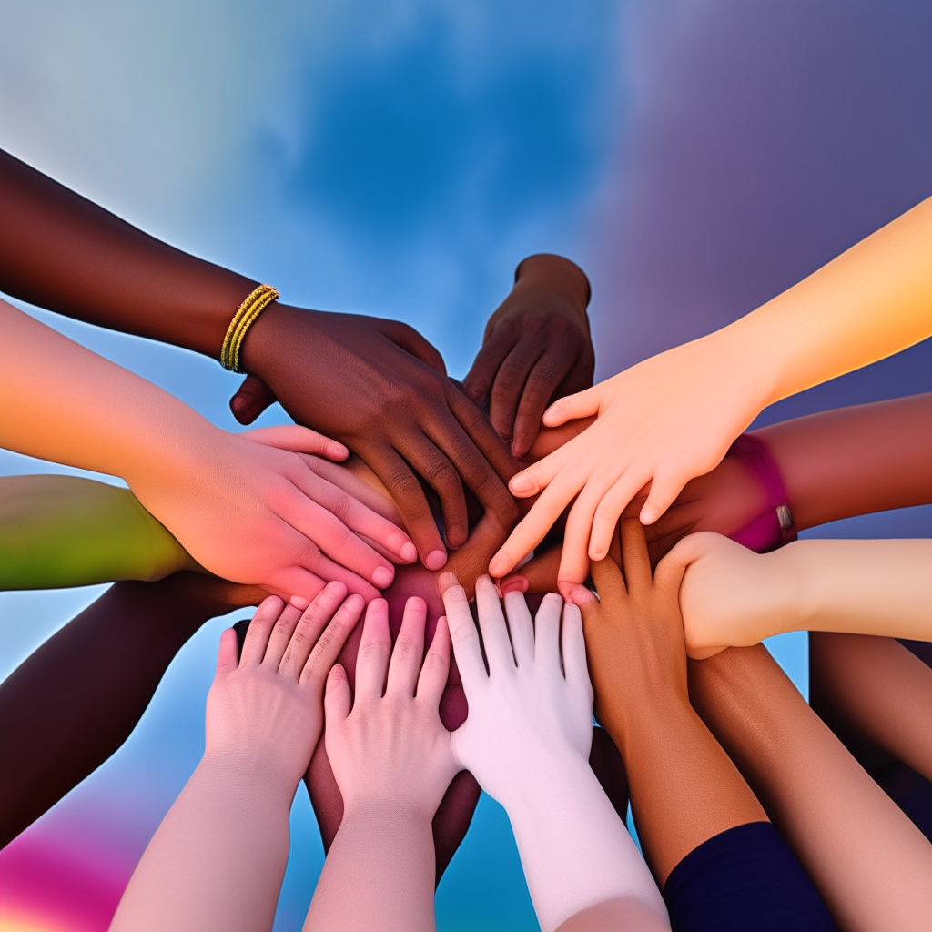 A group of people joining hands against a colorful sky signifies unity and togetherness
