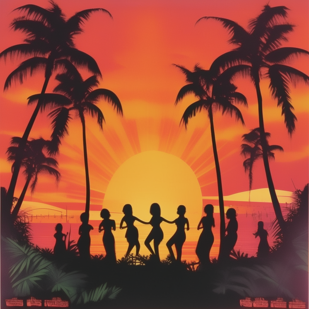 A vintage album cover for tropical exotica music, featuring silhouettes of palm trees and hula dancers against an orange and pink sunset