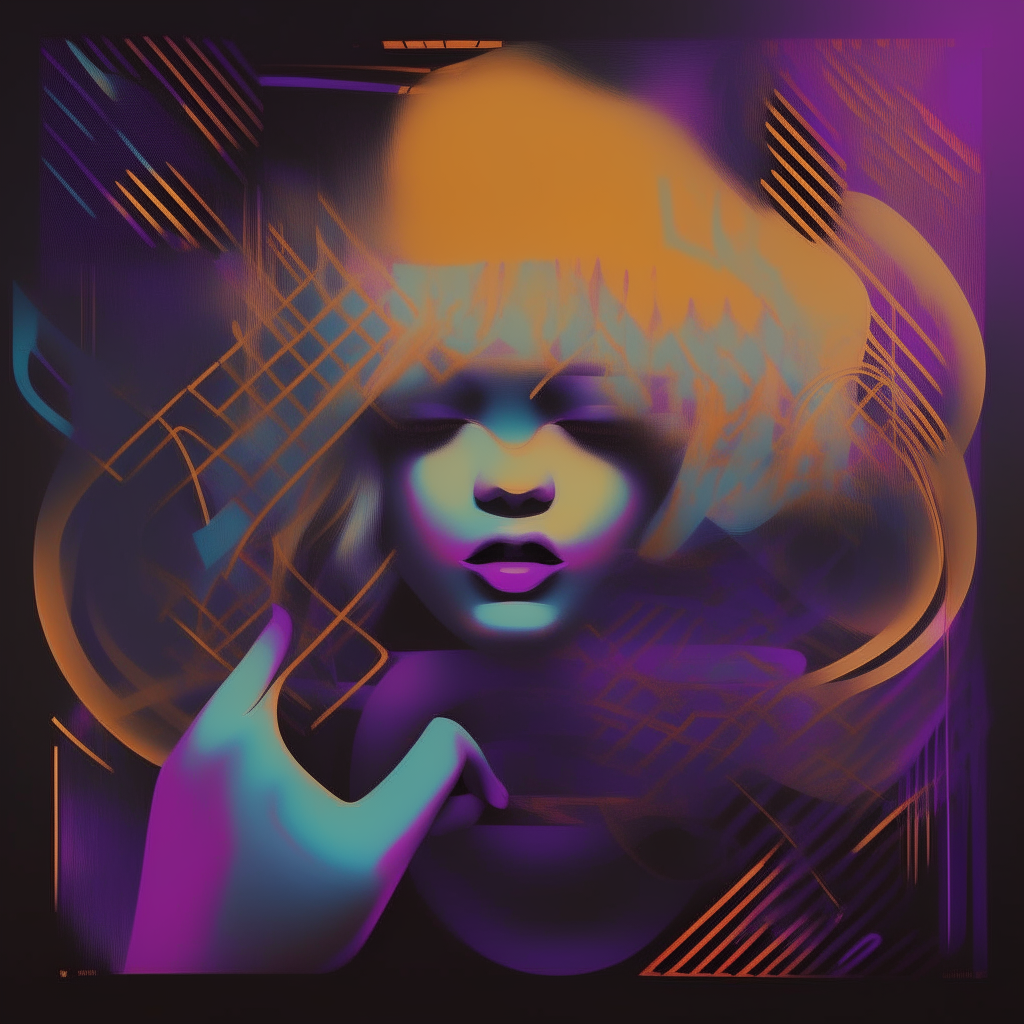 Abstract digital art featuring overlapping shapes in neon colors