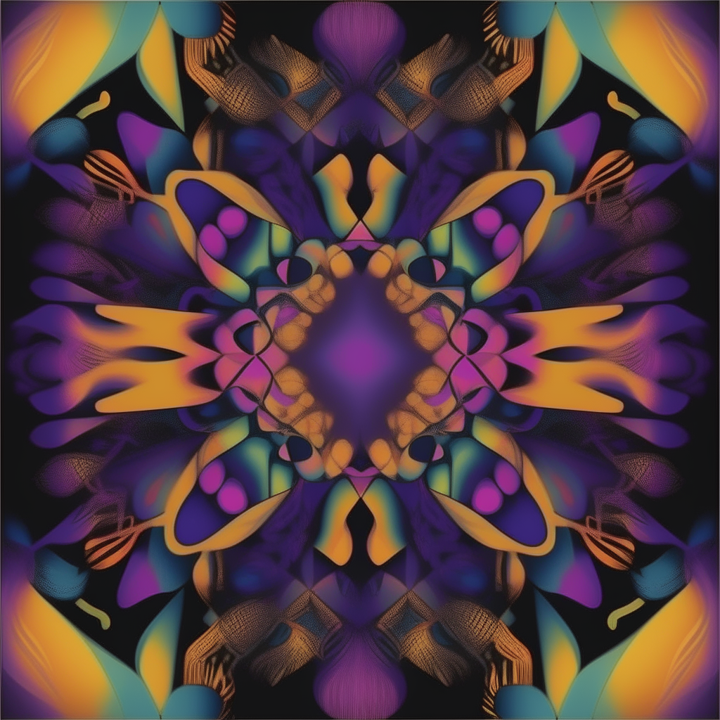 Psychedelic kaleidoscopic patterns in bright hues on a dark background