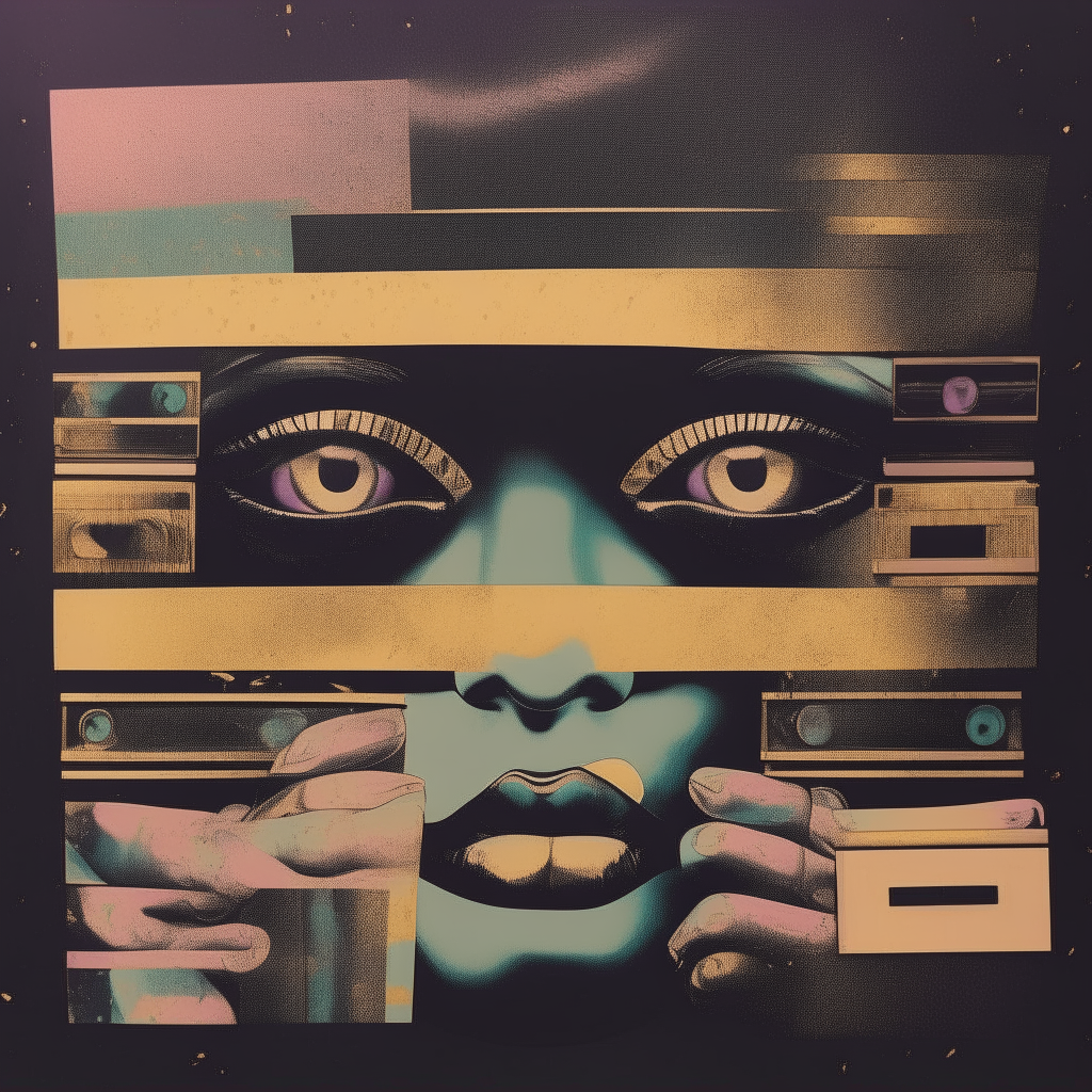 Retro cassette art for an avant-garde lofi compilation, with overlapping patterns and lyrics in Japanese characters