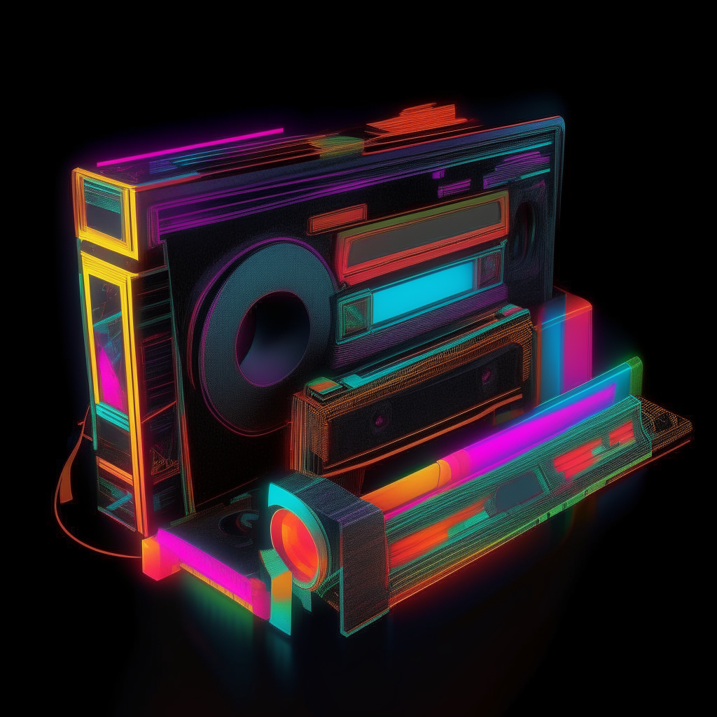 Retro cassette art featuring overlapping neon polygons on a black background