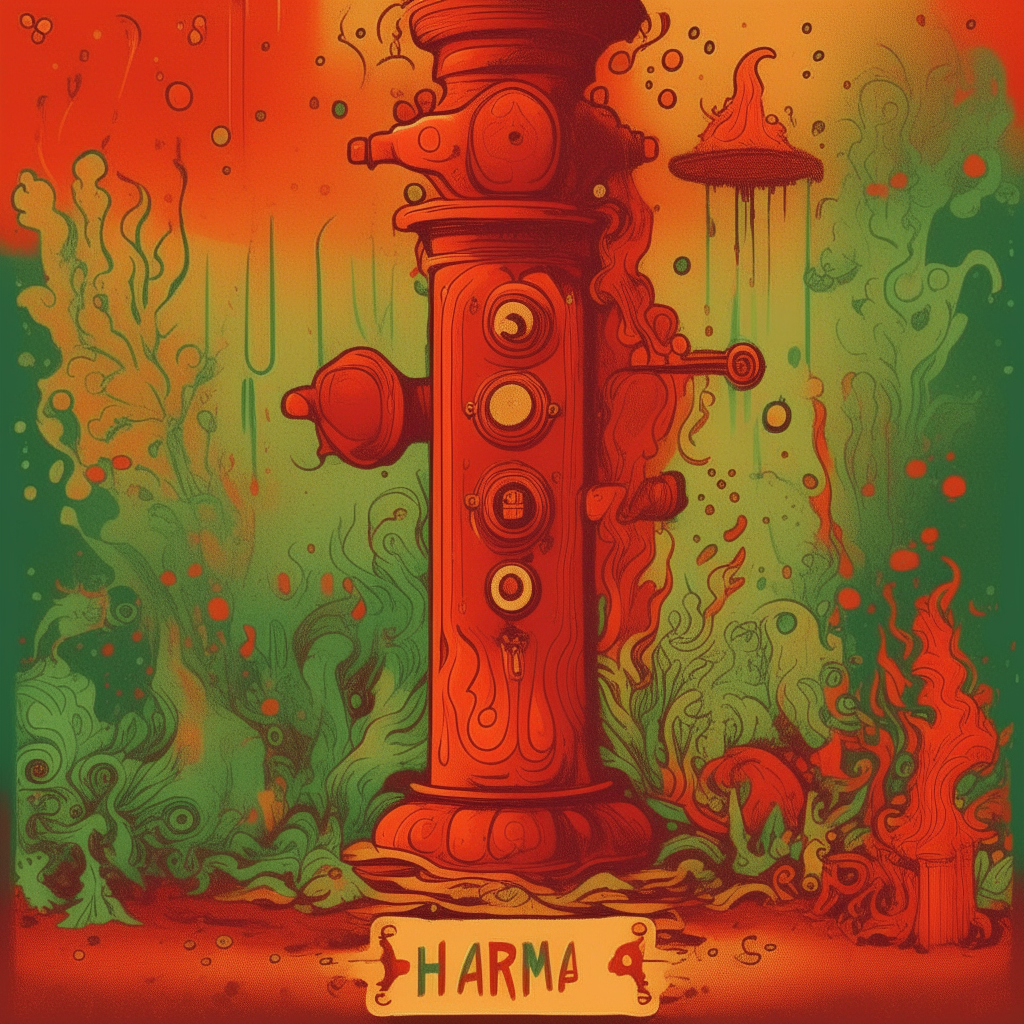 a vintage psychedelic poster design for a folk album called 'Hydrant Dreams'. The orange fire hydrant from image-1 is featured in the center, surrounded by swirling patterns, textures and lettering in warm autumnal colors like rust, amber and forest green