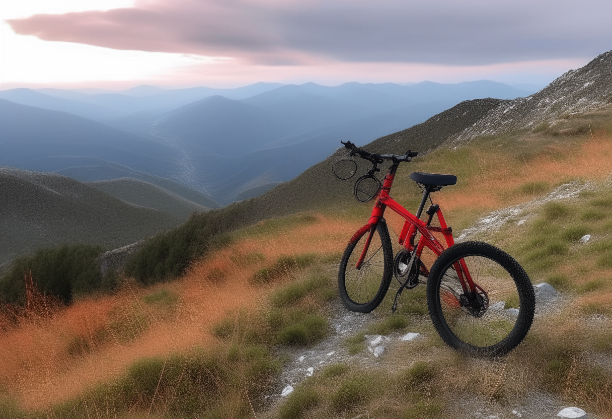 Una bicicleta de montaña roja en un paisaje montañoso, plano medio
