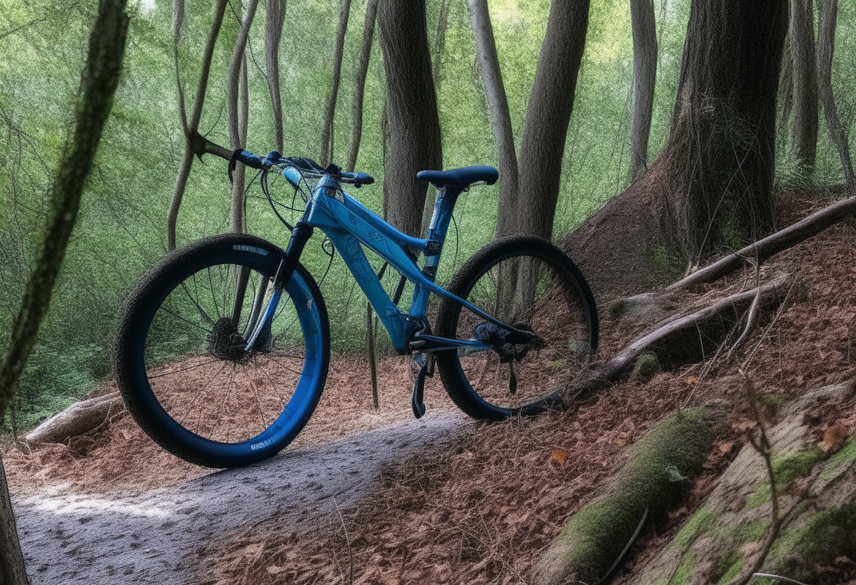 Una bicicleta de montaña azul en un camino de tierra en un bosque