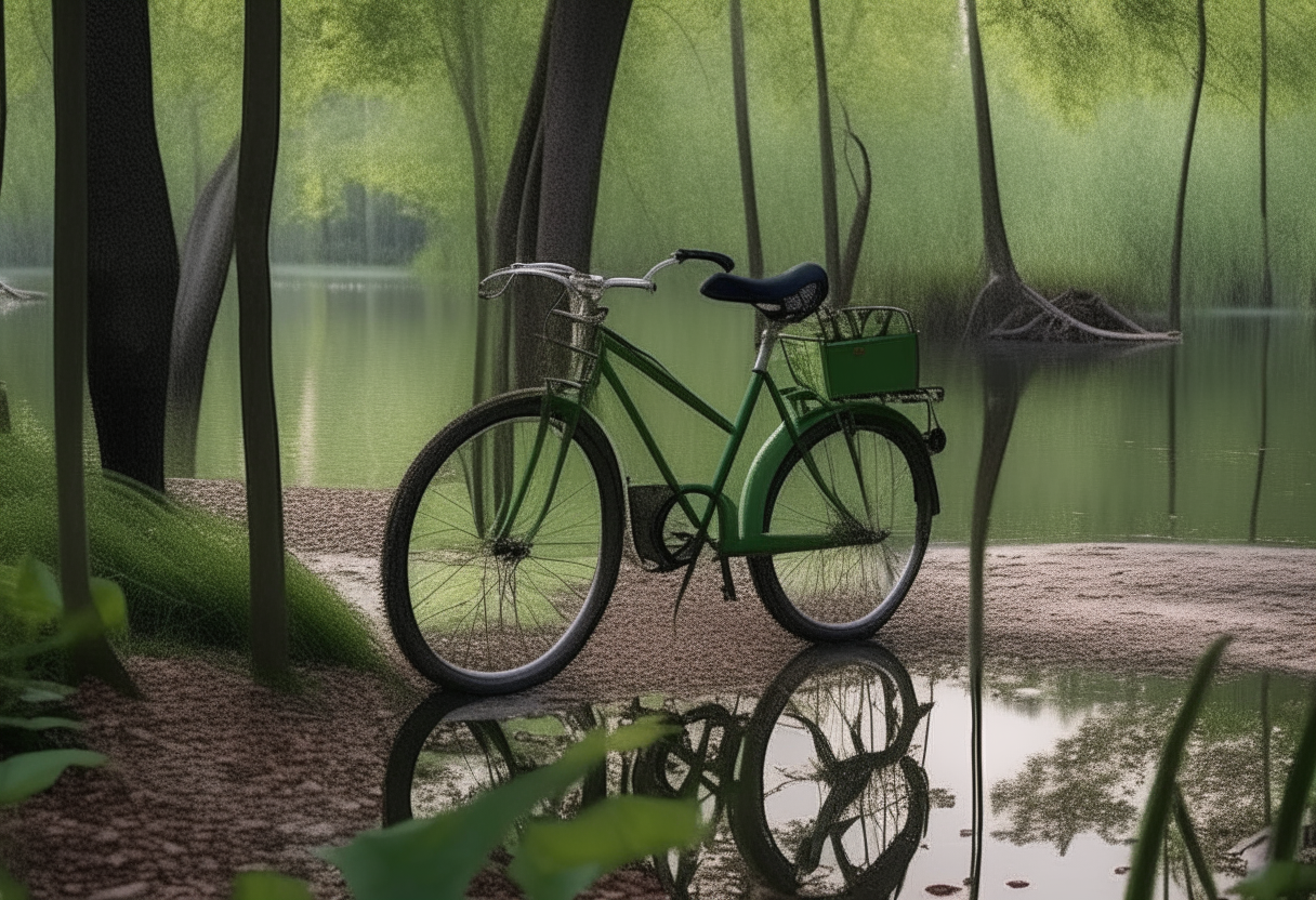 Una bicicleta verde recargada en una tienda de campaña en un bosque con un lago al fondo