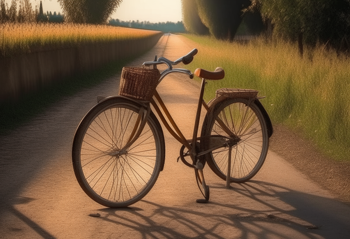 Una bicicleta antigua de color marrón en una carretera rural con sol brillante