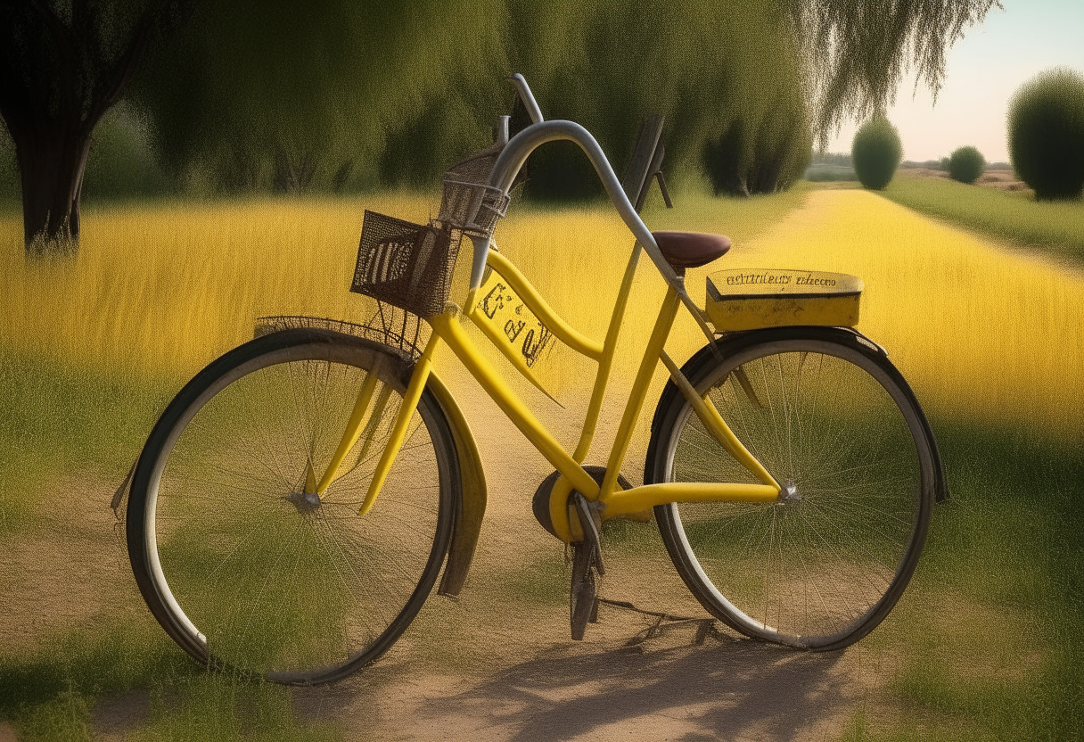Un diseño con las letras grandes en amarillo 'El Teo y la bicicleta' sobre la imagen de la bicicleta antigua en la carretera rural