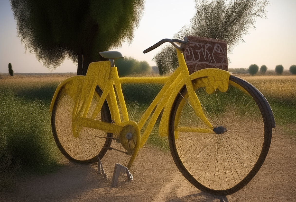 Un diseño con las letras grandes en amarillo 'El Tao y la Bicicleta' sobre la imagen de la bicicleta antigua en la carretera rural