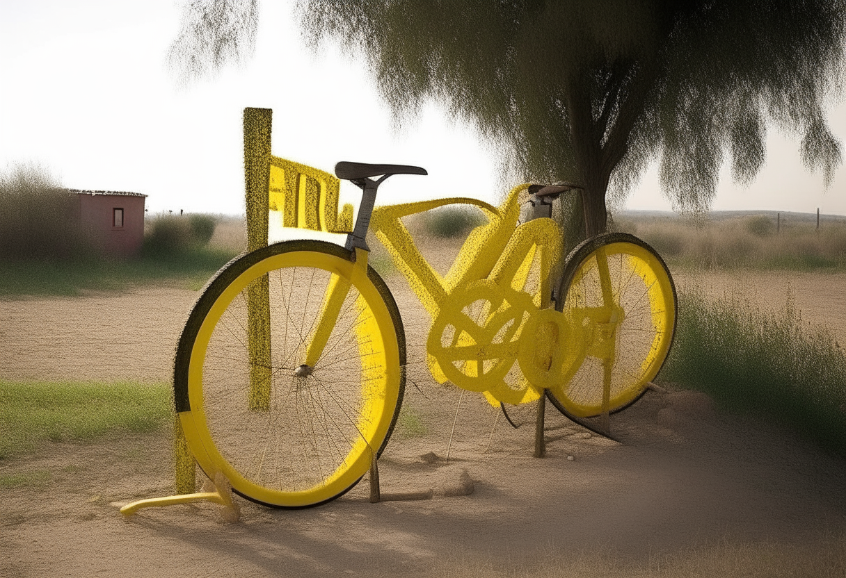 Un diseño con las letras grandes en amarillo 'El Tao y la Bicicleta' sobre la imagen de la bicicleta antigua en la carretera rural