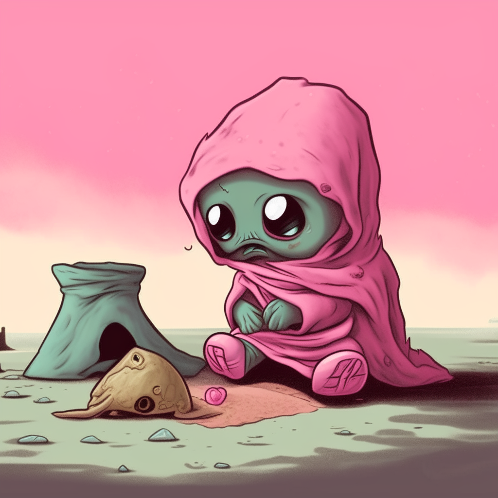 Overall this creature looks like a cartoon character.  There was a pink skin check like a baby kneeling on a paper stand on the road on the day of the encounter. This creature showed a sad expression, looking and examining the colored blanket.  Examine the cover. There is a metal bucket with coins in it, an image meant to convey the innocence and story of the creature.