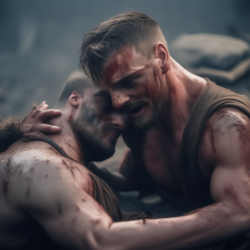 It summarizes the scene and explains the story of a muscular man with a mostly strong head.  Instead, he held the head of another man in a tribute to the corpses strewn across the road, which may have been an official order.  It is noticeable that the appearance behind it is old and worn out.  Proof walks into an image that is highly visible and violent, conveying a sense of landmarkness and the struggle for survival in a world where