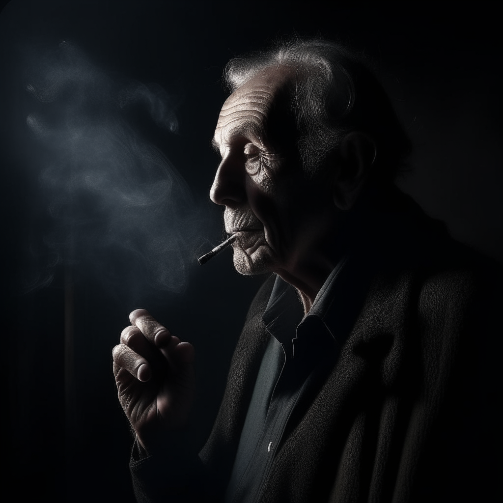 Create a realistic photo of an elderly man sitting and smoking, behind him is the shadow of a horror monster made from cigarette smoke, the monster's lungs are weakened. Dark background, dim light