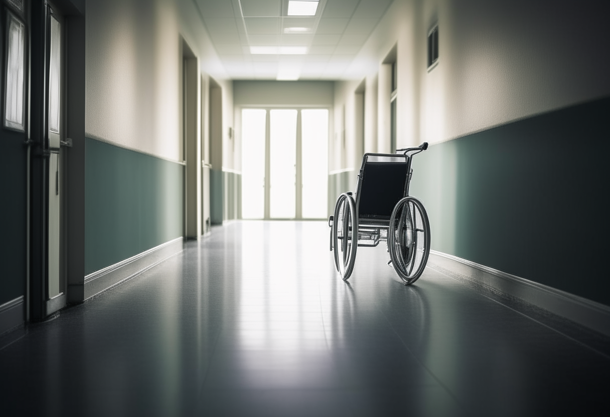 Wheelchair flying down a hall 