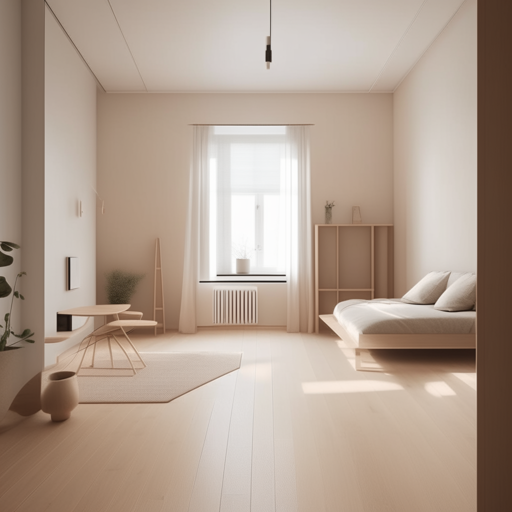 a minimalist studio space with soft earth tones and natural wood floors warm beige painted walls and light wooden floors create a calm, neutral backdrop