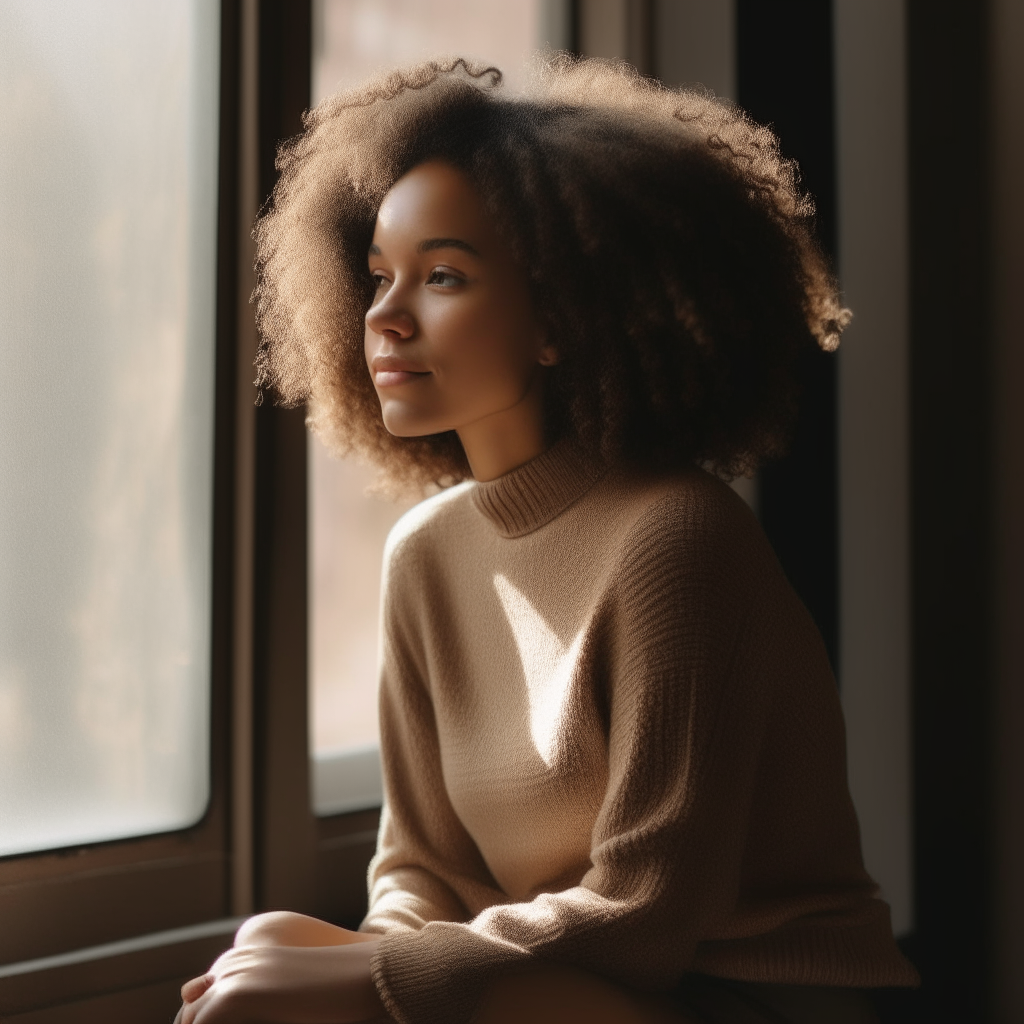 a young black woman sitting by a window, softly illuminated by natural light the woman has curly hair cascading over her shoulders and is dressed in an earth tone sweater and skirt, gazing outside with a gentle smile