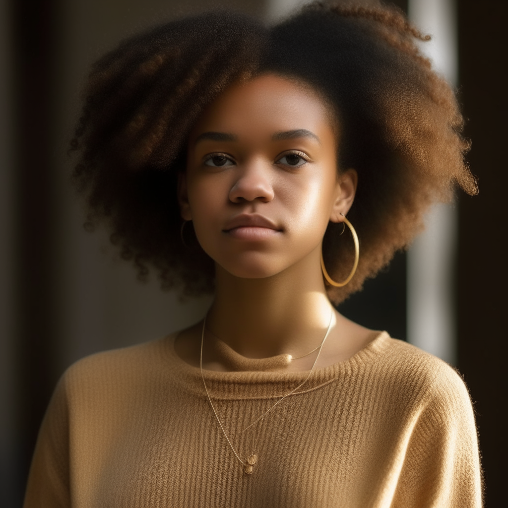 a young black woman gazing directly at the camera, softly illuminated by natural light the woman has curly hair cascading over her shoulders and is dressed in an earth tone sweater and skirt, adorned with simple gold necklace and earrings