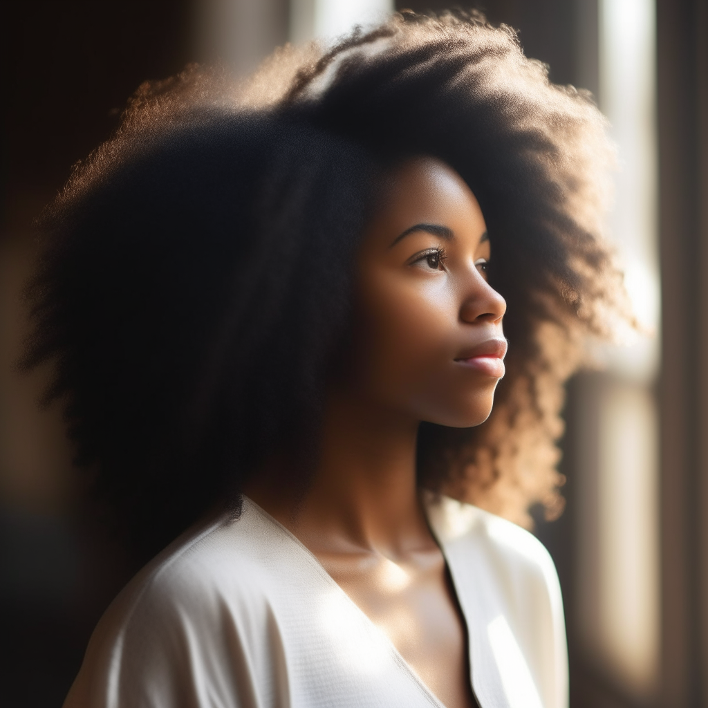 a young black woman standing with wavy hair cascading over her shoulders, softly illuminated by natural light