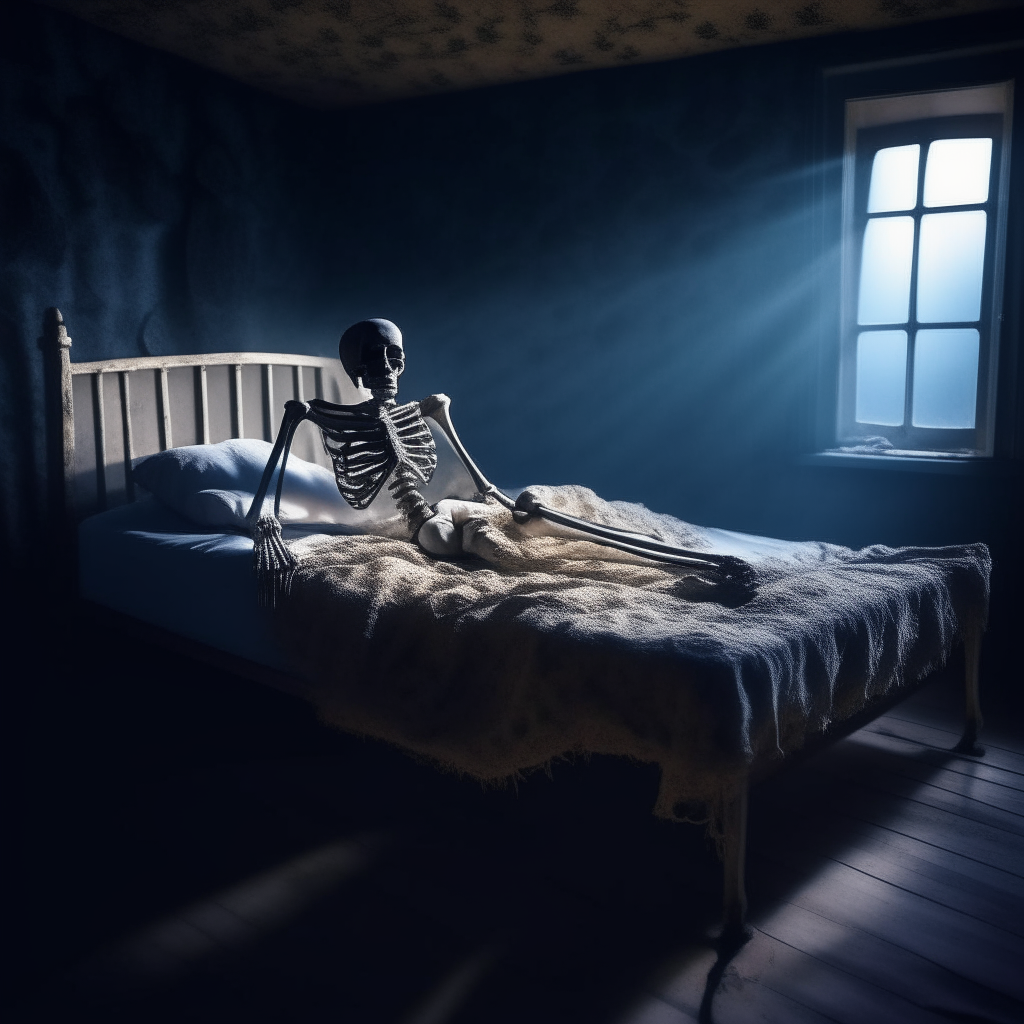 A forgotten human skeleton on an old mattress in a room abandoned from oblivion. The atmosphere is frightening, low light from the moon shining through the window, dusty giantesses can be seen in the room, clear 8K image.