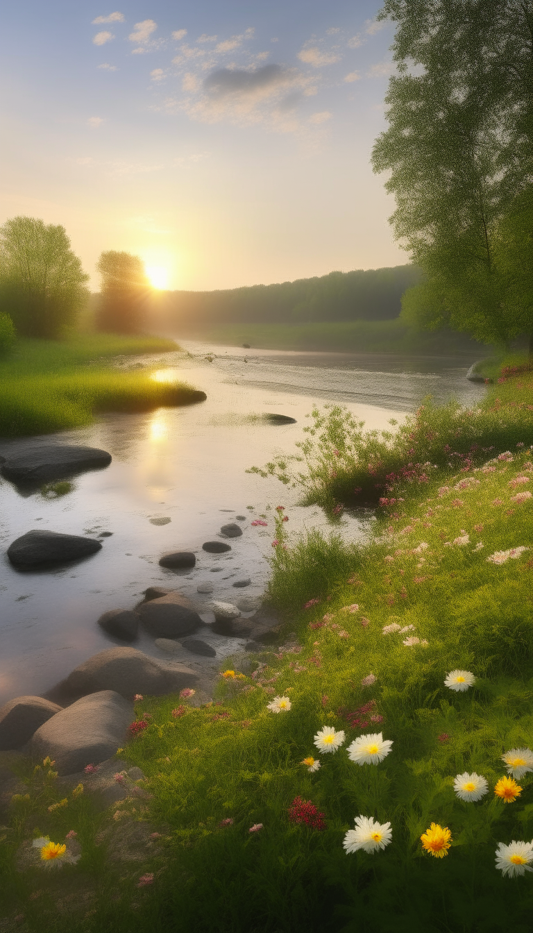 A river surrounded by wildflowers, with rocks on the shore and trees in the background, as the sun rises over the peaceful landscape.