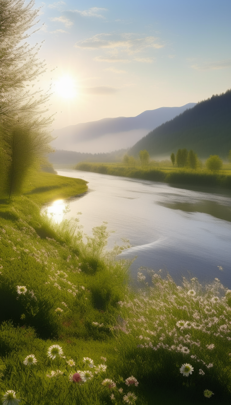 A winding river with flowers in bloom along the banks, as the morning sun illuminates the trees and mountain in the distance.