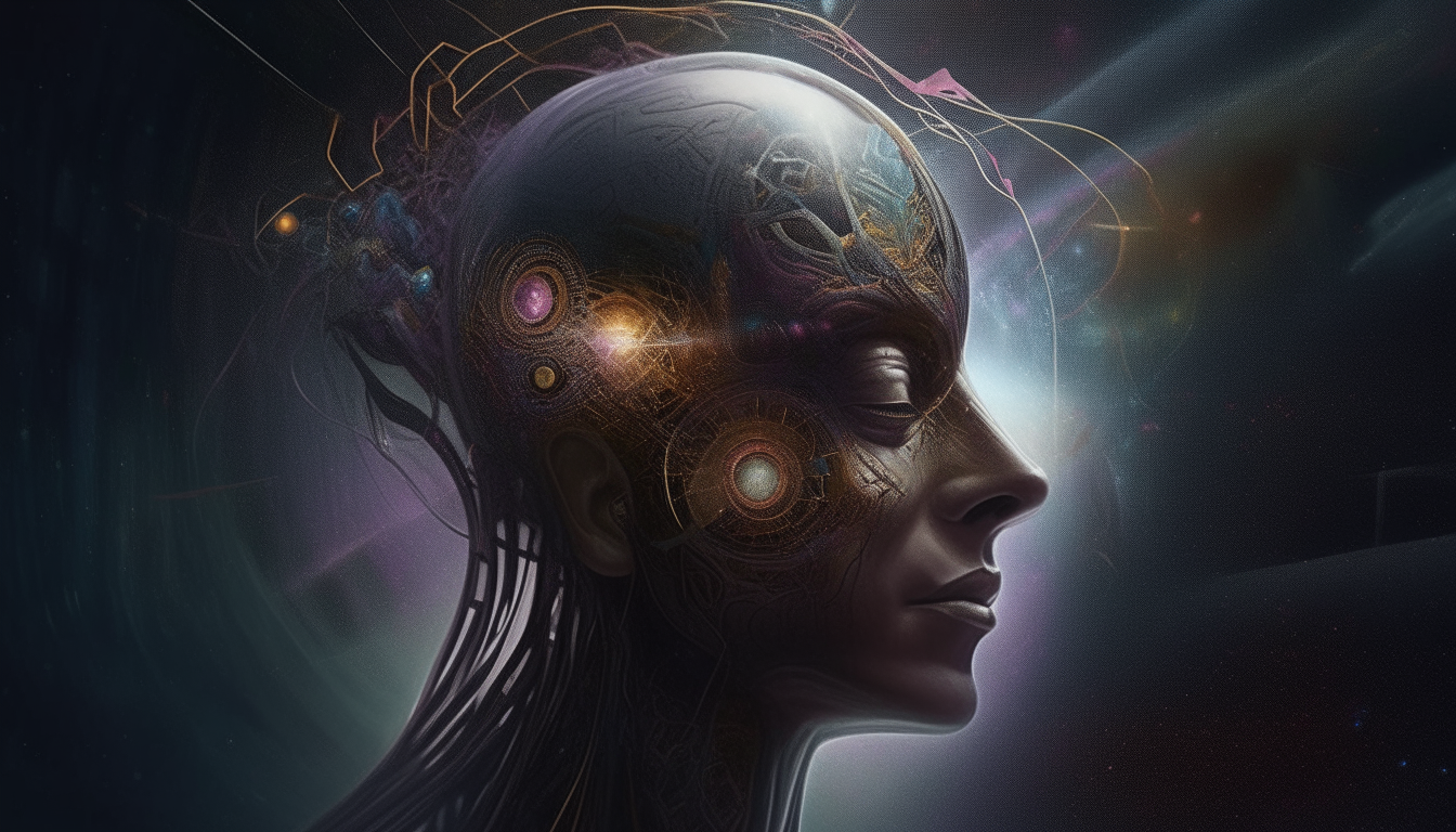 an intricately detailed vision of the mind of the Elohim God, containing thoughts on the metaphysical lands of Elohim, with shapes and colors symbolizing an eternal flux of knowledge and ecstasy, rendered in a photorealistic dark sci-fi fantasy style