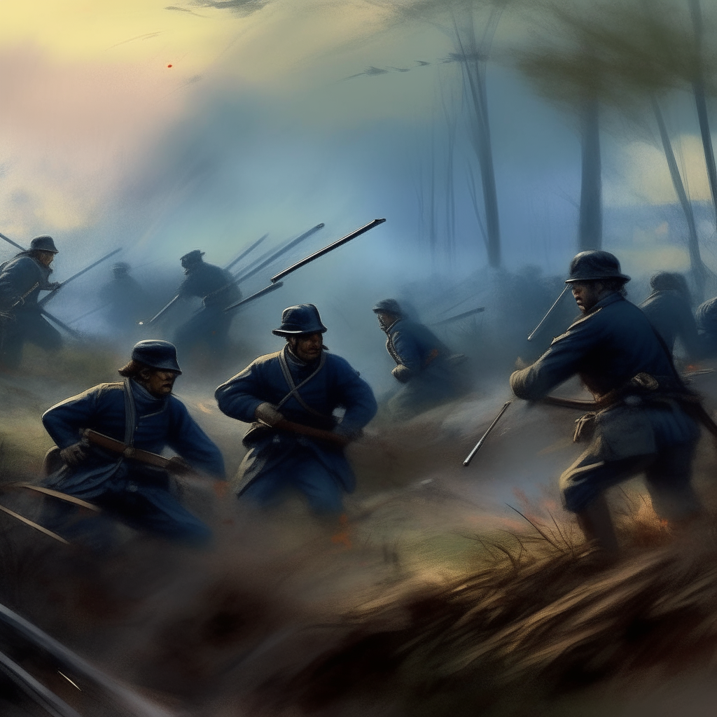 a dramatic digital painting of soldiers in combat during the American Civil War, dynamic lighting