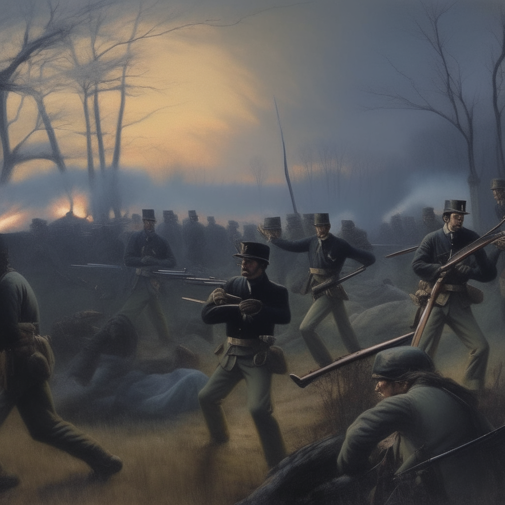 a painting of civil war soldiers holding rifles on a battlefield, dramatic lighting