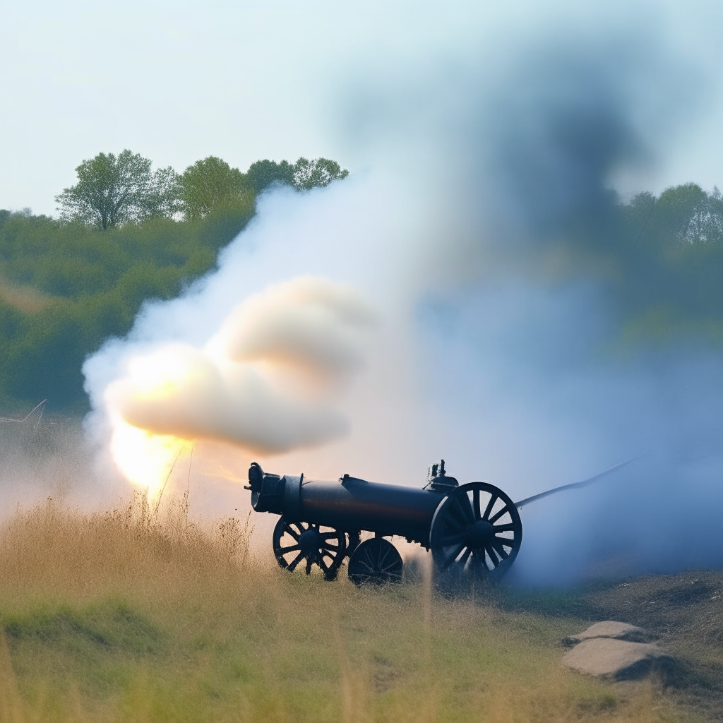 a civil war era cannon firing smoke and flames on a hill, dynamic composition
