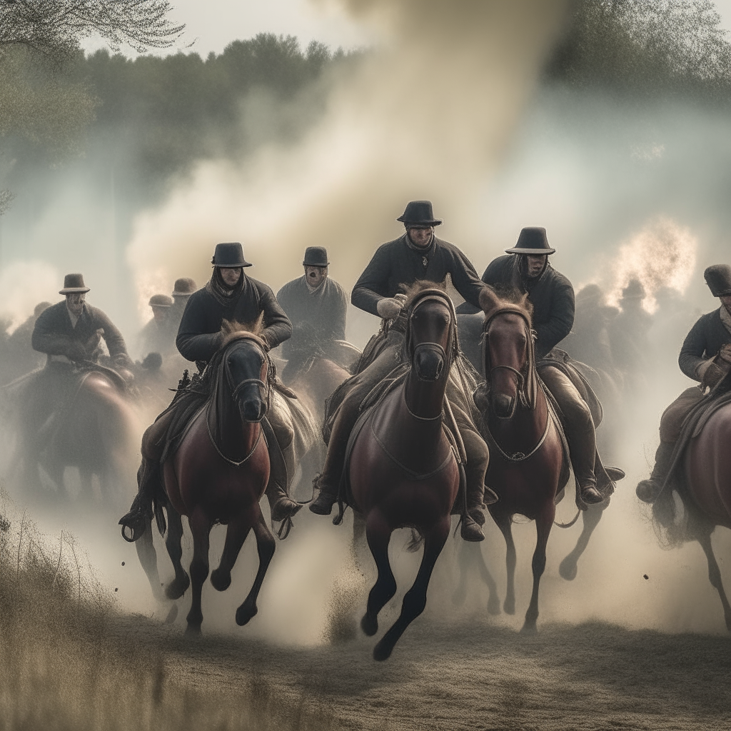 civil war soldiers on horseback charging into battle, epic scene