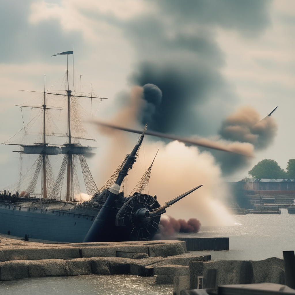 a civil war era warship firing cannons at a fort, dramatic scene