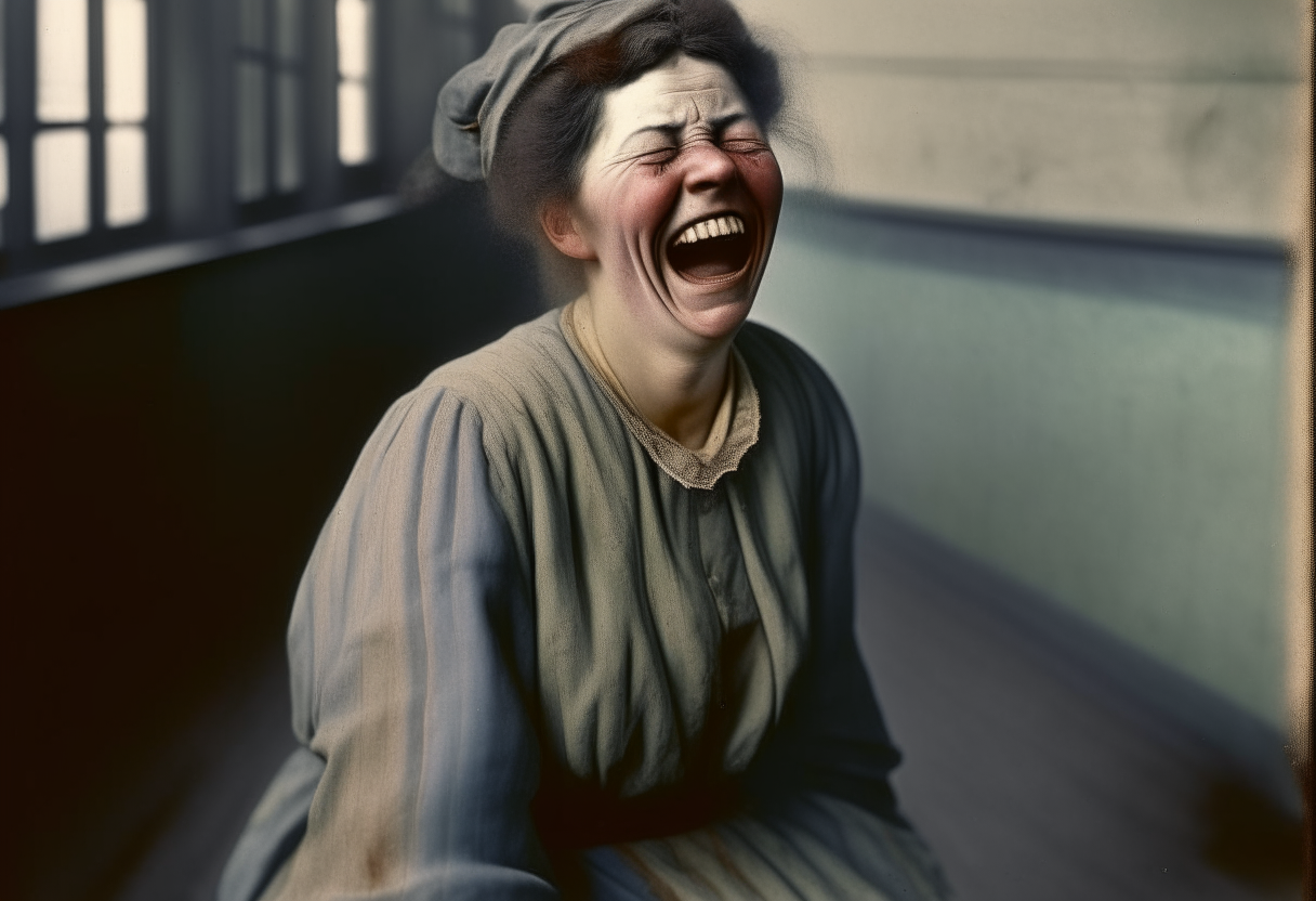 Laughing woman lunatic asylum , color photo 