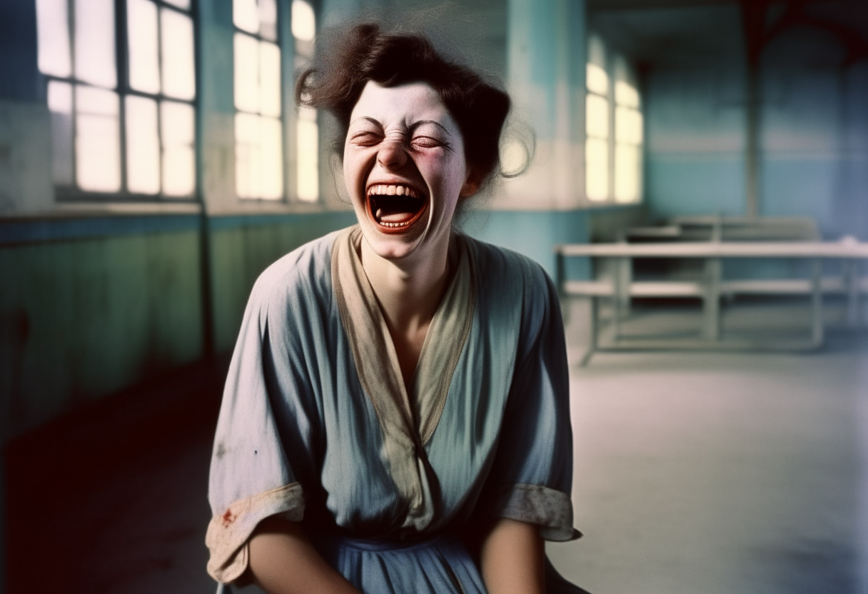 Laughing modern woman lunatic asylum , color photo 