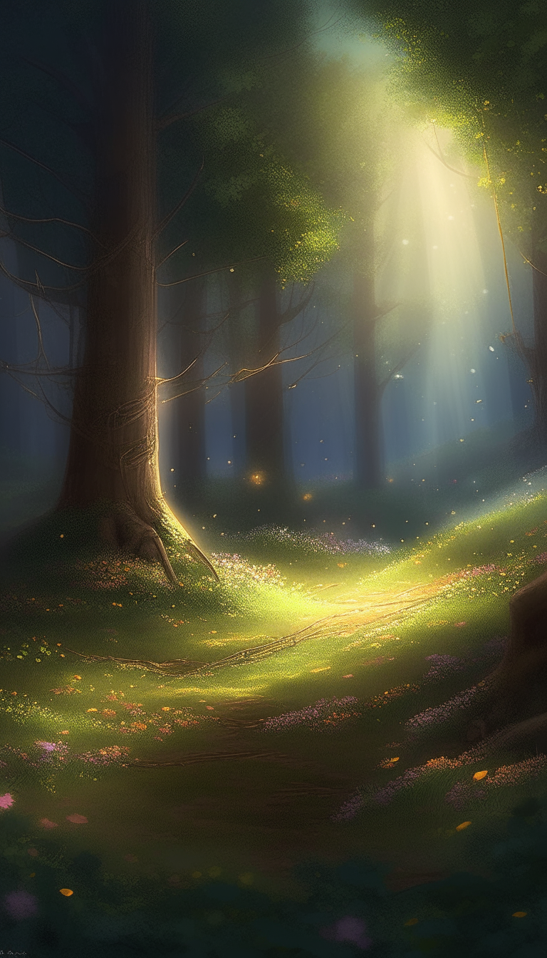 An idyllic forest glen. The glen is illuminated by soft, ethereal light, with fireflies gently flickering around them. There is a magnificent, centuries-old oak tree adorned with delicate, glowing blossoms. Create a heartfelt, digital painting that beautifully this enchanting setting. Ensure the artwork maintains a sense of realism while capturing the magical ambiance and deep emotions of the moment.