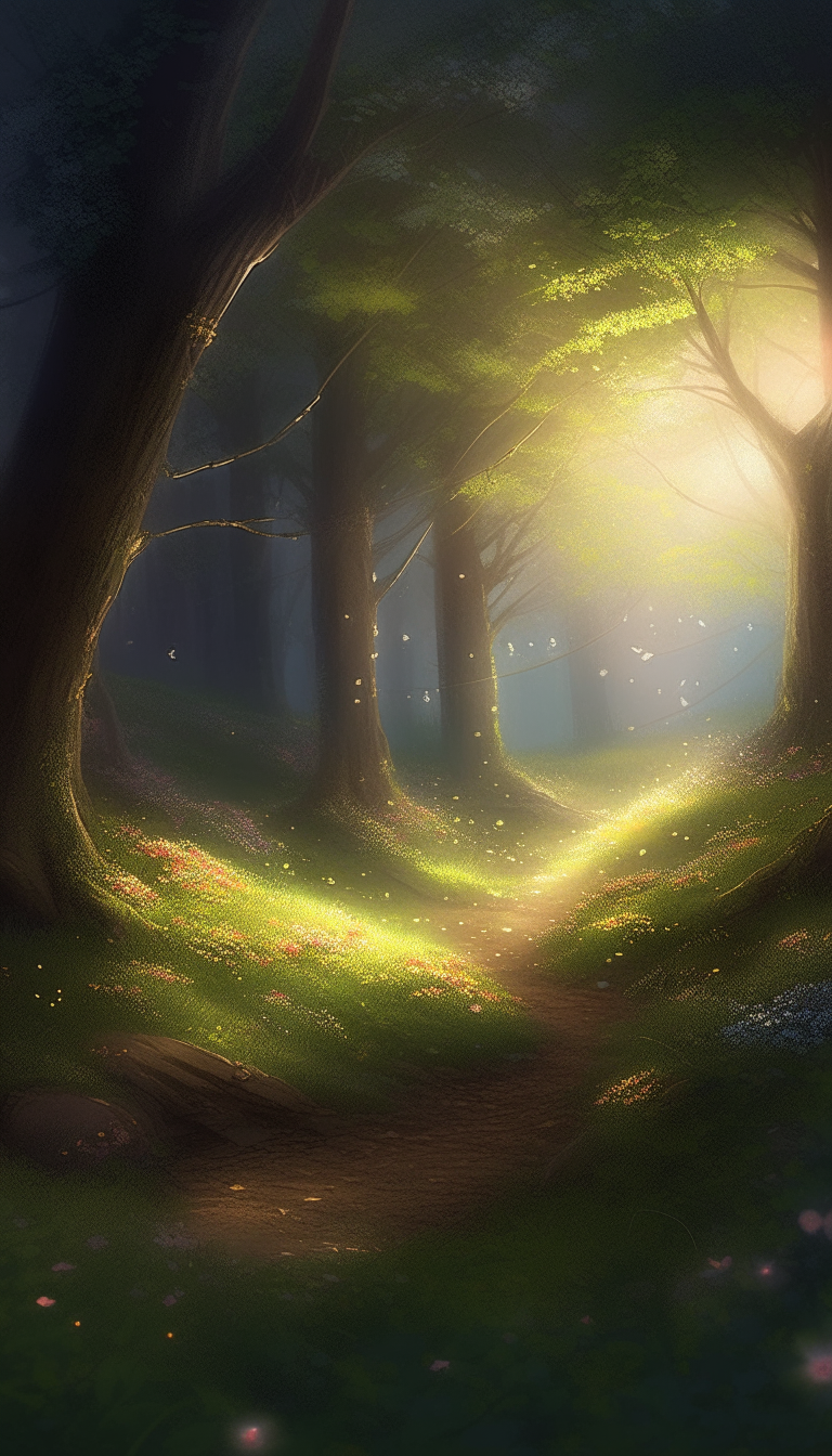 An idyllic forest glen. The glen is illuminated by soft, ethereal light, with fireflies gently flickering around them. There is a magnificent, centuries-old oak tree adorned with delicate, glowing blossoms. Create a heartfelt, digital painting that beautifully this enchanting setting. Ensure the artwork maintains a sense of realism while capturing the magical ambiance and deep emotions of the moment.