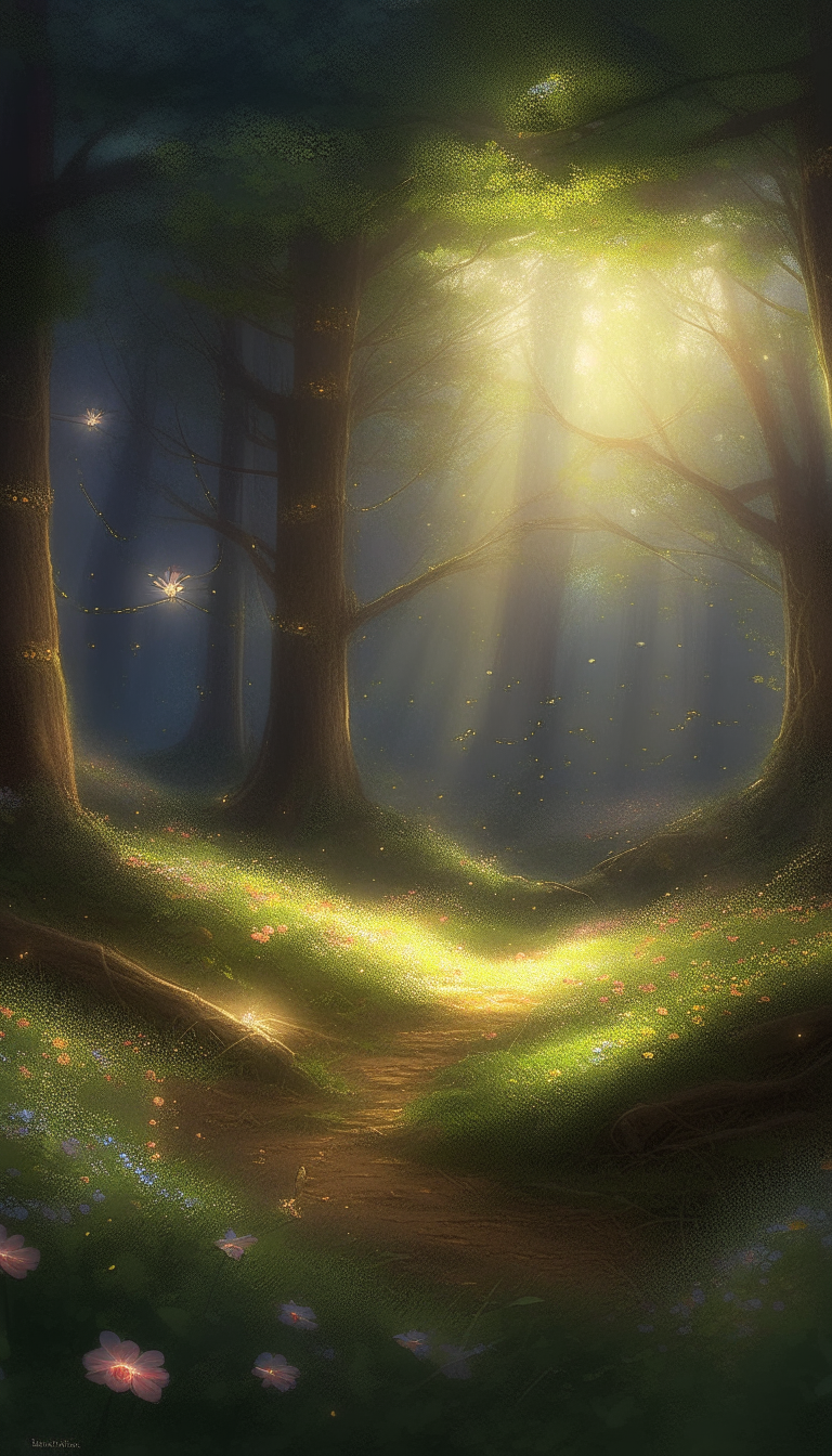 An idyllic forest glen. The glen is illuminated by soft, ethereal light, with fireflies gently flickering around them. There is a magnificent, centuries-old oak tree adorned with delicate, glowing blossoms. Create a heartfelt, digital painting that beautifully this enchanting setting. Ensure the artwork maintains a sense of realism while capturing the magical ambiance and deep emotions of the moment.