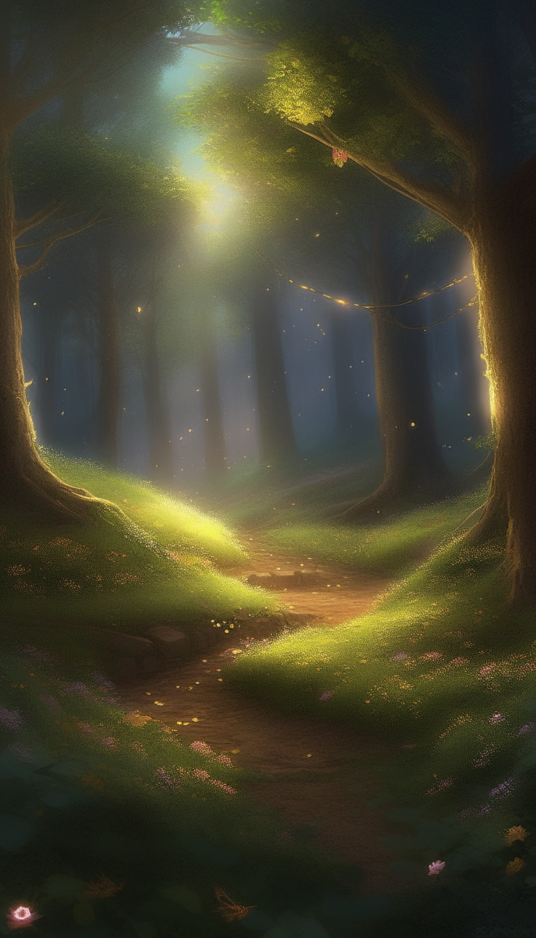 An idyllic forest glen. The glen is illuminated by soft, ethereal light, with fireflies gently flickering around them. There is a magnificent, centuries-old oak tree adorned with delicate, glowing blossoms. Create a heartfelt, digital painting that beautifully this enchanting setting. Ensure the artwork maintains a sense of realism while capturing the magical ambiance and deep emotions of the moment.