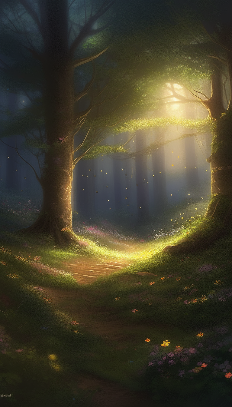 An idyllic forest glen. The glen is illuminated by soft, ethereal light, with fireflies gently flickering around them. There is a magnificent, centuries-old oak tree adorned with delicate, glowing blossoms. Create a heartfelt, digital painting that beautifully this enchanting setting. Ensure the artwork maintains a sense of realism while capturing the magical ambiance and deep emotions of the moment.