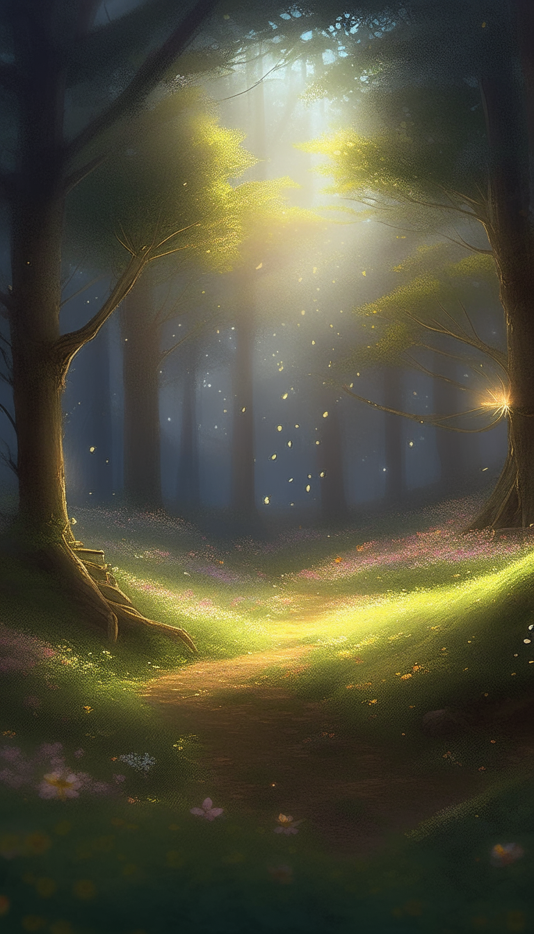 An idyllic forest glen. The glen is illuminated by soft, ethereal light, with fireflies gently flickering around them. There is a magnificent, centuries-old oak tree adorned with delicate, glowing blossoms. Create a heartfelt, digital painting that beautifully this enchanting setting. Ensure the artwork maintains a sense of realism while capturing the magical ambiance and deep emotions of the moment.