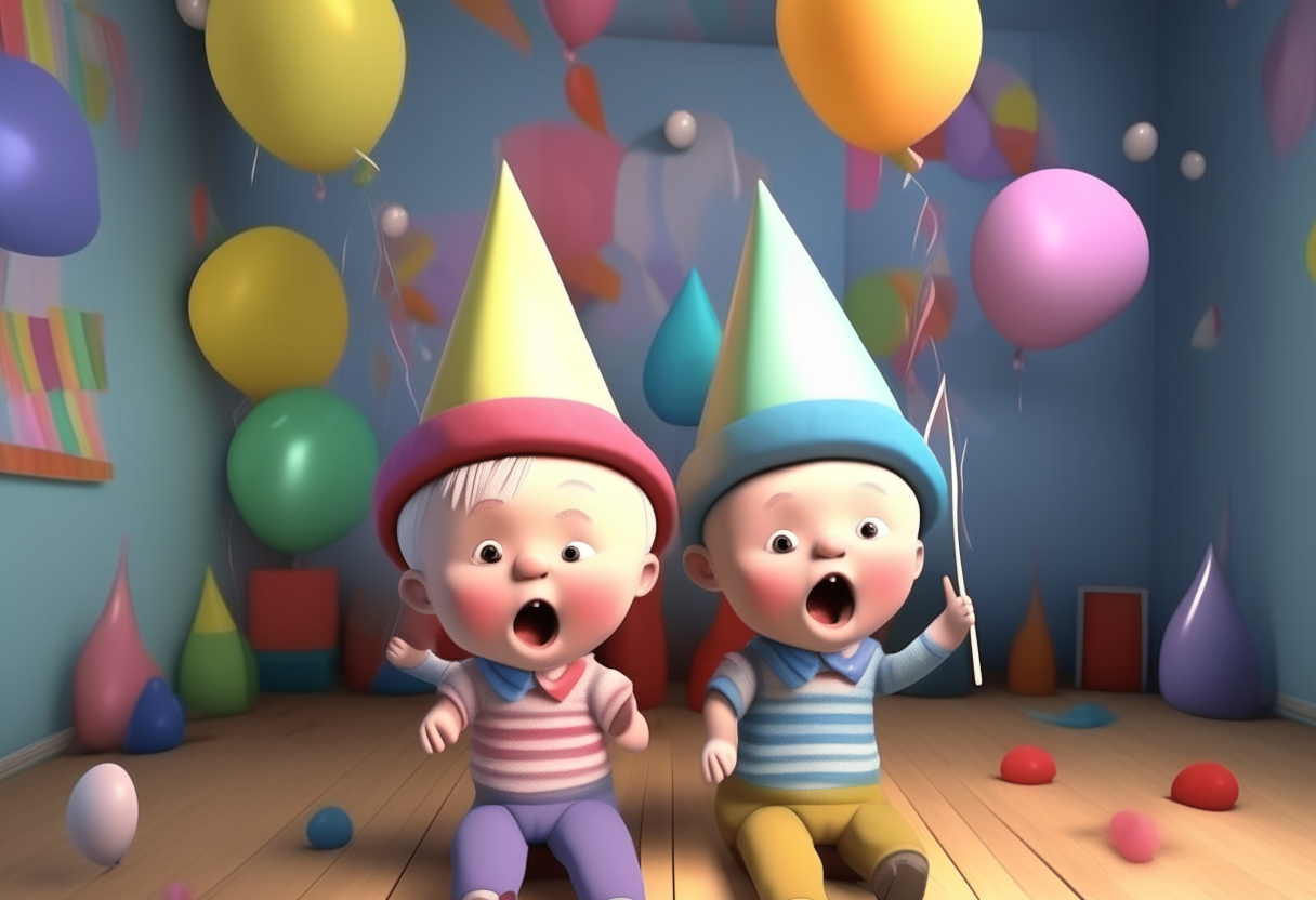 3d cartoon, singing happy toddlers with party hats in a nursery room with balloons