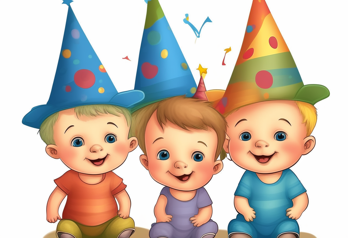 3 cartoon party toddlers with party hats